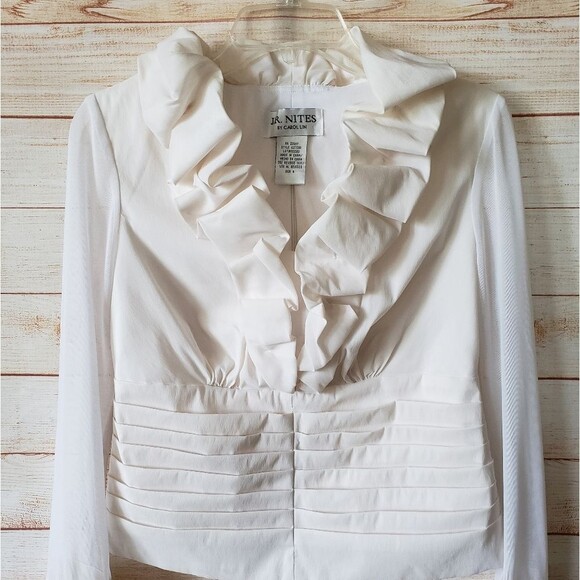 J.R Nites by Carol Lin Ruffle Neck Long Sleeve Top/Blouse Cream Size 6 - Picture 2 of 11